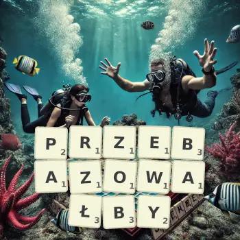 Kreatywna ilustracja do gry w Scrabble ze słowem PRZEBAZOWAŁBY ułożonym z płytek na planszy.