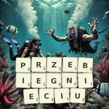 Kreatywna ilustracja do gry w Scrabble ze słowem PRZEBIEGNIECIU ułożonym z płytek na planszy.