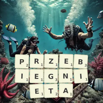 Kreatywna ilustracja do gry w Scrabble ze słowem PRZEBIEGNIETA ułożonym z płytek na planszy.