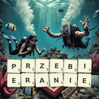 Kreatywna ilustracja do gry w Scrabble ze słowem PRZEBIERANIE ułożonym z płytek na planszy.