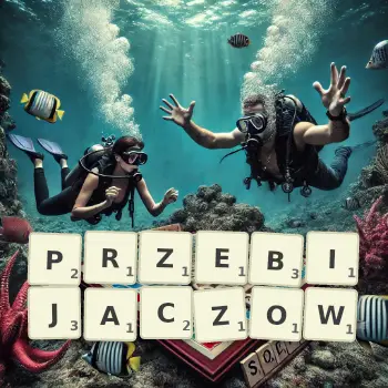 Kreatywna ilustracja do gry w Scrabble ze słowem PRZEBIJACZOW ułożonym z płytek na planszy.