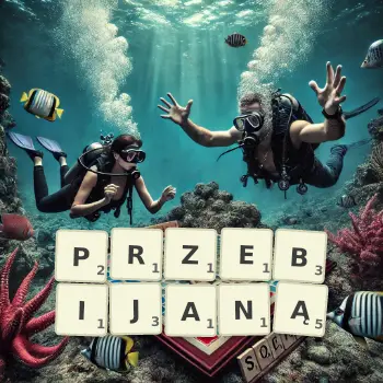 Kreatywna ilustracja do gry w Scrabble ze słowem PRZEBIJANĄ ułożonym z płytek na planszy.