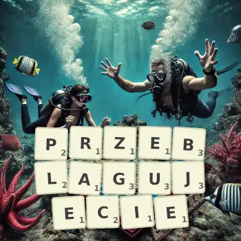 Kreatywna ilustracja do gry w Scrabble ze słowem PRZEBLAGUJECIE ułożonym z płytek na planszy.