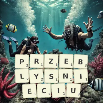Kreatywna ilustracja do gry w Scrabble ze słowem PRZEBLYSNIECIU ułożonym z płytek na planszy.