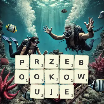 Kreatywna ilustracja do gry w Scrabble ze słowem PRZEBOOKOWUJE ułożonym z płytek na planszy.