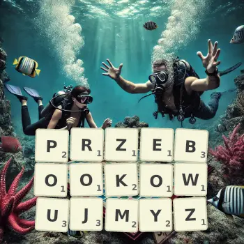 Kreatywna ilustracja do gry w Scrabble ze słowem PRZEBOOKOWUJMYZ ułożonym z płytek na planszy.