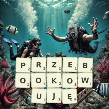 Kreatywna ilustracja do gry w Scrabble ze słowem PRZEBOOKOWUJĘ ułożonym z płytek na planszy.