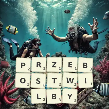 Kreatywna ilustracja do gry w Scrabble ze słowem PRZEBOSTWILBY ułożonym z płytek na planszy.