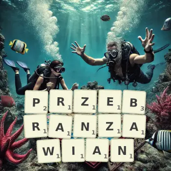 Kreatywna ilustracja do gry w Scrabble ze słowem PRZEBRANZAWIAN ułożonym z płytek na planszy.