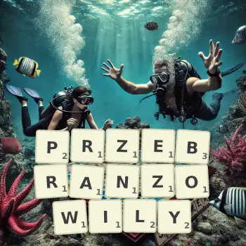 Kreatywna ilustracja do gry w Scrabble ze słowem PRZEBRANZOWILY ułożonym z płytek na planszy.