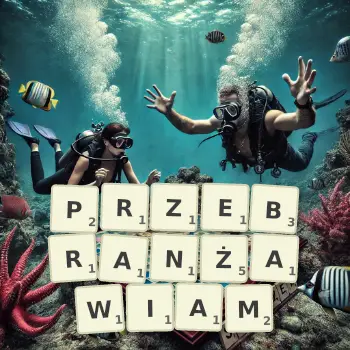 Kreatywna ilustracja do gry w Scrabble ze słowem PRZEBRANŻAWIAM ułożonym z płytek na planszy.