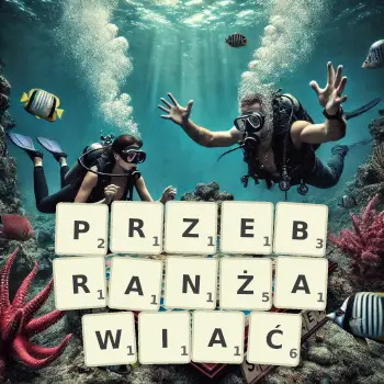 Kreatywna ilustracja do gry w Scrabble ze słowem PRZEBRANŻAWIAĆ ułożonym z płytek na planszy.