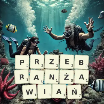 Kreatywna ilustracja do gry w Scrabble ze słowem PRZEBRANŻAWIAŃ ułożonym z płytek na planszy.