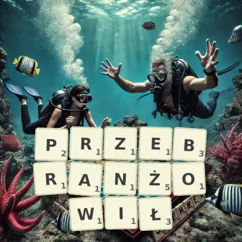 Kreatywna ilustracja do gry w Scrabble ze słowem PRZEBRANŻOWIŁ ułożonym z płytek na planszy.