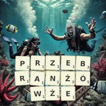 Kreatywna ilustracja do gry w Scrabble ze słowem PRZEBRANŻÓWŻE ułożonym z płytek na planszy.