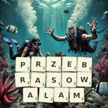 Kreatywna ilustracja do gry w Scrabble ze słowem PRZEBRASOWALAM ułożonym z płytek na planszy.