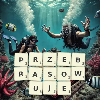 Kreatywna ilustracja do gry w Scrabble ze słowem PRZEBRASOWUJE ułożonym z płytek na planszy.