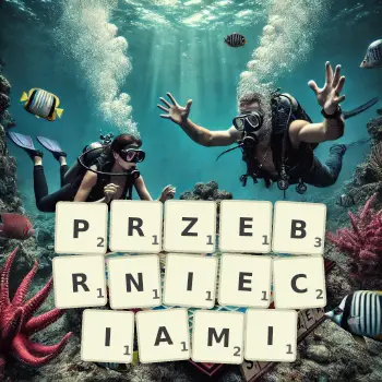 Kreatywna ilustracja do gry w Scrabble ze słowem PRZEBRNIECIAMI ułożonym z płytek na planszy.