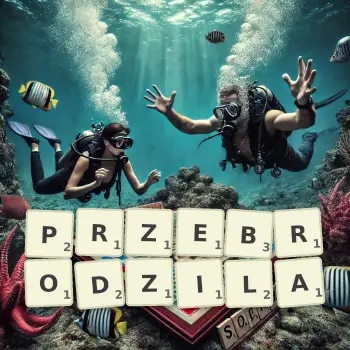 Kreatywna ilustracja do gry w Scrabble ze słowem PRZEBRODZILA ułożonym z płytek na planszy.