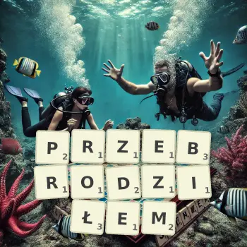 Kreatywna ilustracja do gry w Scrabble ze słowem PRZEBRODZIŁEM ułożonym z płytek na planszy.