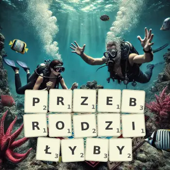 Kreatywna ilustracja do gry w Scrabble ze słowem PRZEBRODZIŁYBY ułożonym z płytek na planszy.