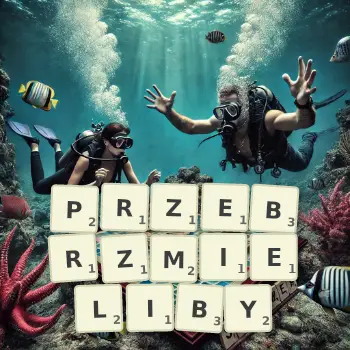 Kreatywna ilustracja do gry w Scrabble ze słowem PRZEBRZMIELIBY ułożonym z płytek na planszy.
