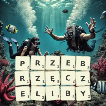 Kreatywna ilustracja do gry w Scrabble ze słowem PRZEBRZĘCZELIBY ułożonym z płytek na planszy.