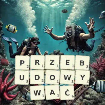 Kreatywna ilustracja do gry w Scrabble ze słowem PRZEBUDOWYWAĆ ułożonym z płytek na planszy.