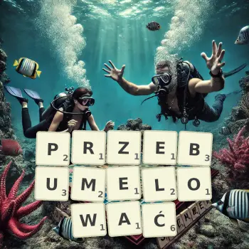 Kreatywna ilustracja do gry w Scrabble ze słowem PRZEBUMELOWAĆ ułożonym z płytek na planszy.