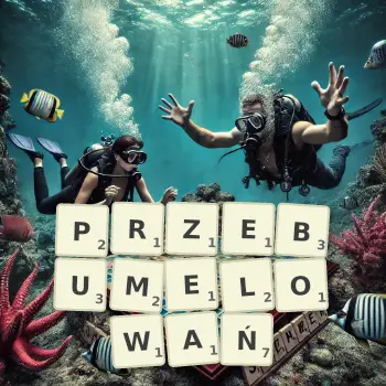 Kreatywna ilustracja do gry w Scrabble ze słowem PRZEBUMELOWAŃ ułożonym z płytek na planszy.
