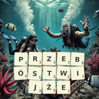 Kreatywna ilustracja do gry w Scrabble ze słowem PRZEBÓSTWIJŻE ułożonym z płytek na planszy.