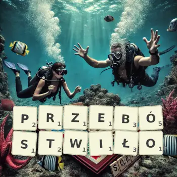 Kreatywna ilustracja do gry w Scrabble ze słowem PRZEBÓSTWIŁO ułożonym z płytek na planszy.