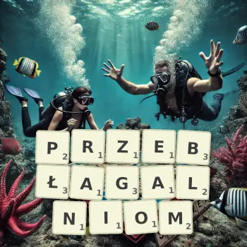 Kreatywna ilustracja do gry w Scrabble ze słowem PRZEBŁAGALNIOM ułożonym z płytek na planszy.