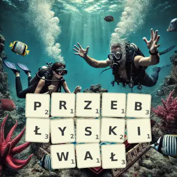 Kreatywna ilustracja do gry w Scrabble ze słowem PRZEBŁYSKIWAŁ ułożonym z płytek na planszy.