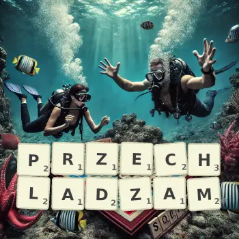 Kreatywna ilustracja do gry w Scrabble ze słowem PRZECHLADZAM ułożonym z płytek na planszy.
