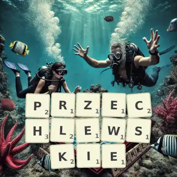 Kreatywna ilustracja do gry w Scrabble ze słowem PRZECHLEWSKIE ułożonym z płytek na planszy.