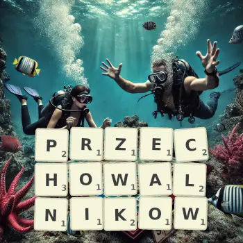 Kreatywna ilustracja do gry w Scrabble ze słowem PRZECHOWALNIKOW ułożonym z płytek na planszy.