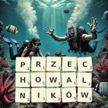Kreatywna ilustracja do gry w Scrabble ze słowem PRZECHOWALNIKÓW ułożonym z płytek na planszy.