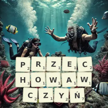 Kreatywna ilustracja do gry w Scrabble ze słowem PRZECHOWAWCZYŃ ułożonym z płytek na planszy.