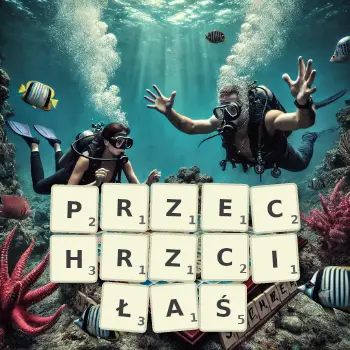 Kreatywna ilustracja do gry w Scrabble ze słowem PRZECHRZCIŁAŚ ułożonym z płytek na planszy.