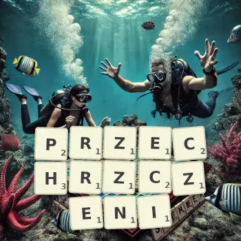 Kreatywna ilustracja do gry w Scrabble ze słowem PRZECHRZCZENI ułożonym z płytek na planszy.
