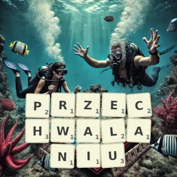 Kreatywna ilustracja do gry w Scrabble ze słowem PRZECHWALANIU ułożonym z płytek na planszy.