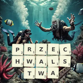 Kreatywna ilustracja do gry w Scrabble ze słowem PRZECHWALSTWA ułożonym z płytek na planszy.