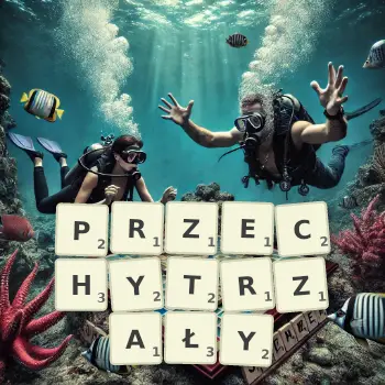 Kreatywna ilustracja do gry w Scrabble ze słowem PRZECHYTRZAŁY ułożonym z płytek na planszy.