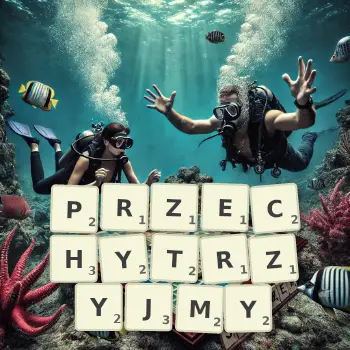 Kreatywna ilustracja do gry w Scrabble ze słowem PRZECHYTRZYJMY ułożonym z płytek na planszy.