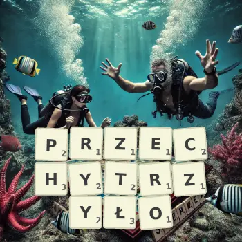 Kreatywna ilustracja do gry w Scrabble ze słowem PRZECHYTRZYŁO ułożonym z płytek na planszy.