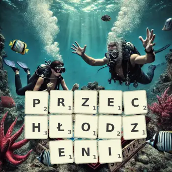 Kreatywna ilustracja do gry w Scrabble ze słowem PRZECHŁODZENI ułożonym z płytek na planszy.