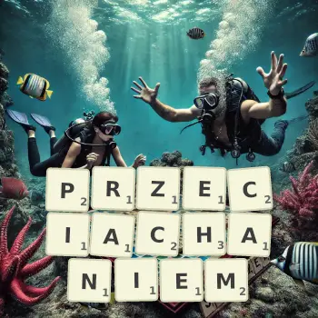 Kreatywna ilustracja do gry w Scrabble ze słowem PRZECIACHANIEM ułożonym z płytek na planszy.