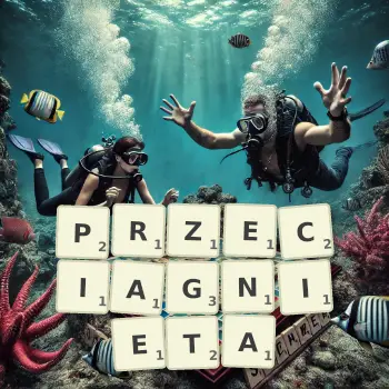 Kreatywna ilustracja do gry w Scrabble ze słowem PRZECIAGNIETA ułożonym z płytek na planszy.