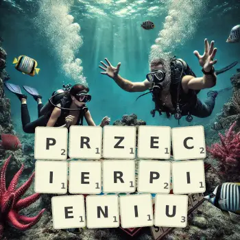 Kreatywna ilustracja do gry w Scrabble ze słowem PRZECIERPIENIU ułożonym z płytek na planszy.